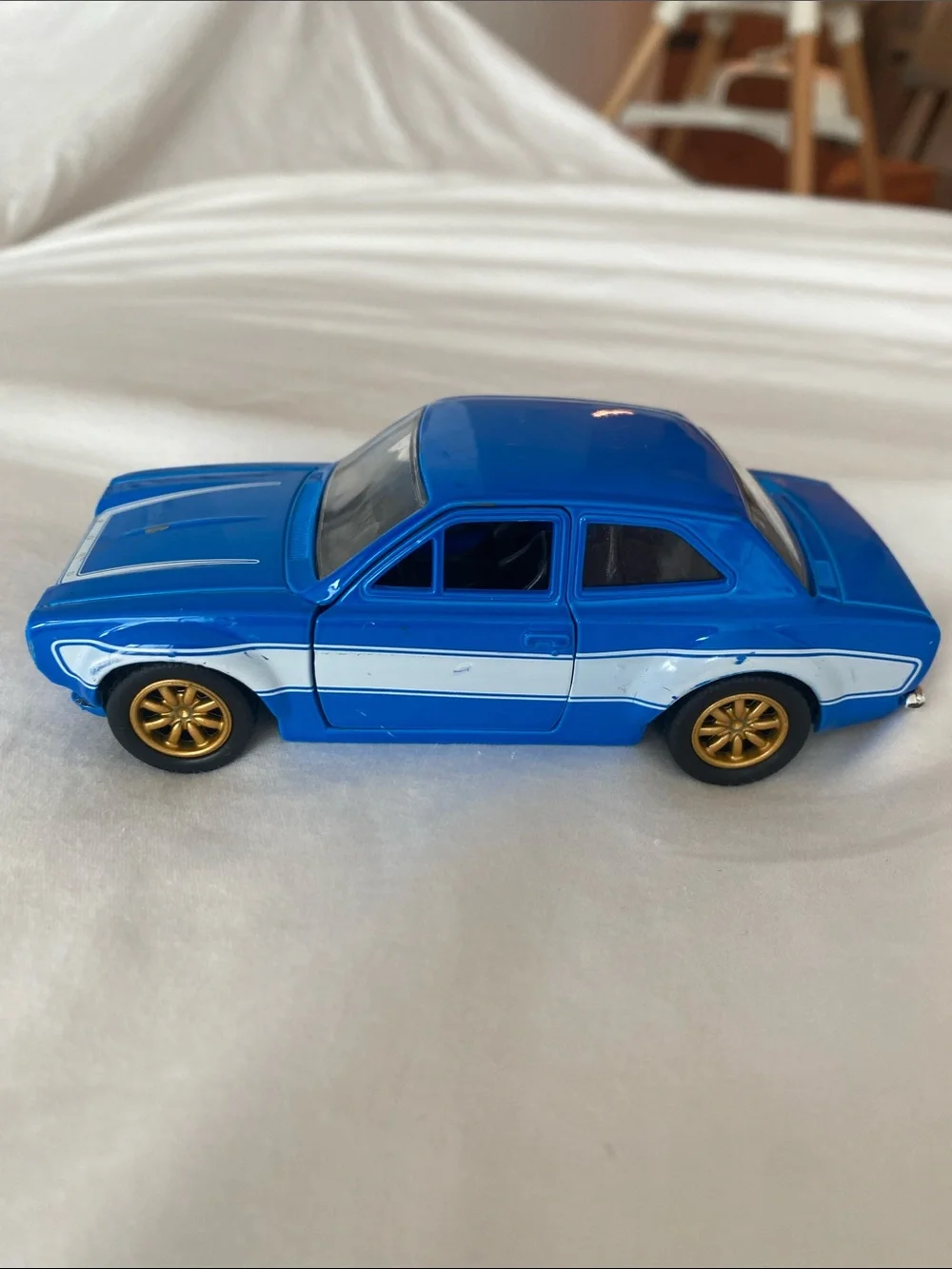 Vintage Blue & White Kids Toy Car with Gold Wheels